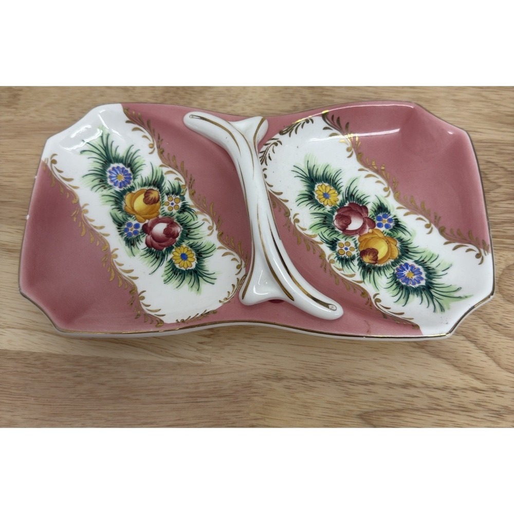 Vintage‎ Pink & White with Flowers Double Dish With Handle PY Japan #57